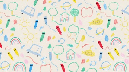Looping animation featuring playful crayon doodles of trees, suns, cars, planets, and crayons on a cream background, evoking a fun, preschool-style educational or creative theme.