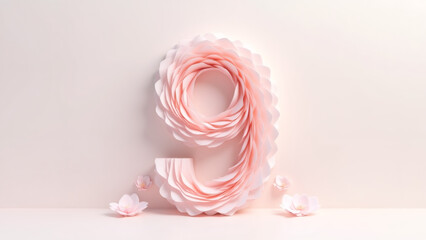 Delicate Paper Flower Nine with Blossoms on Pastel Background