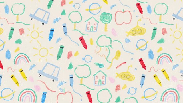 Looping animation featuring playful crayon doodles of trees, suns, cars, planets, and crayons on a cream background, evoking a fun, preschool-style educational or creative theme.