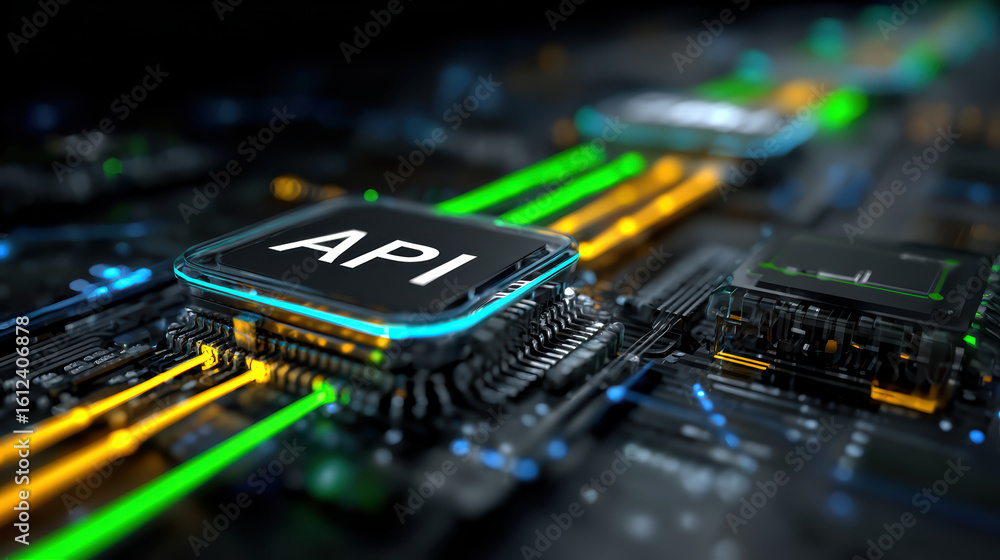 Poster futuristic api microchip technology with circuit board and neon lights