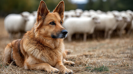 Alert german shepherd guarding flock of sheep in open field, showcasing herding instincts and rural harmony with nature and livestock