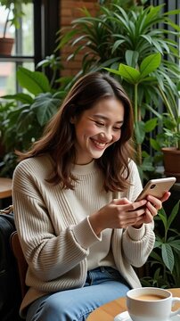College Student Browsing Sustainable Fashion App in Plant Filled Cafe, Smooth Push In, Vertical Shot