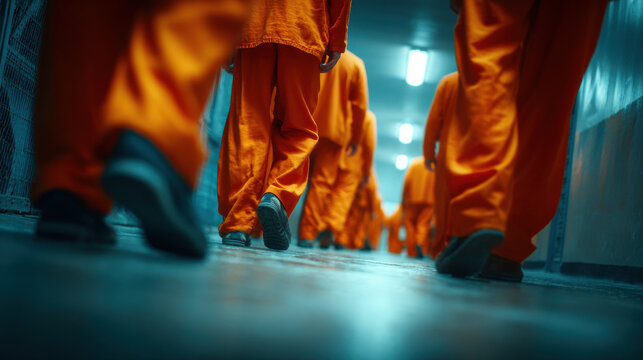 Prisoners in orange uniforms walking down dimly lit corridor