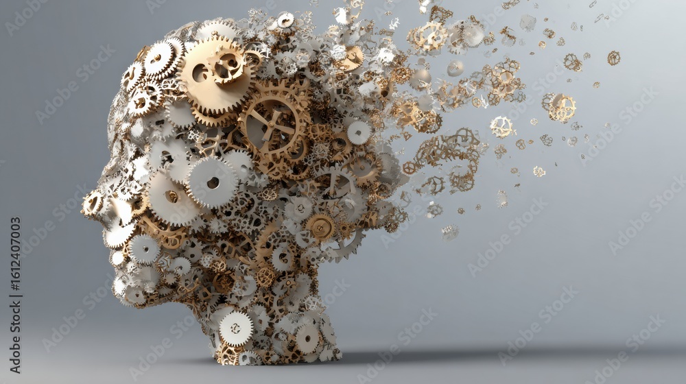 Poster human head filled with spinning clock gears showcasing the complexity of thought and creativity in a