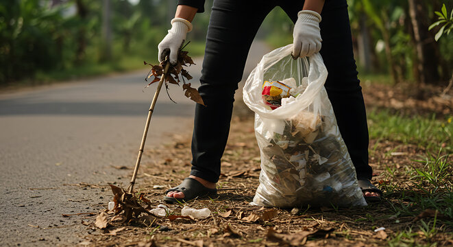 Volunteer collecting trash from the roadside, promoting environmental cleanup and sustainability efforts.