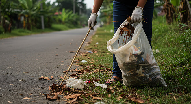 Person in gloves collecting roadside litter with grabber tool into a plastic bag, symbolizing environmental protection