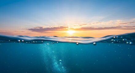 Fototapeta premium Underwater Horizon: a tranquil shot, showcasing the breathtaking dance of light. Where the sky and ocean meet in a mesmerizing dance of color, featuring stunning clarity. 