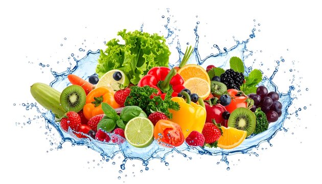 Colorful fruits and vegetables in water splash - Powered by Adobe