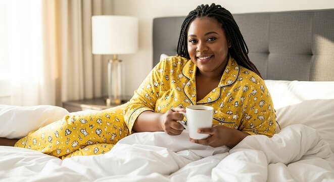 Woman in yellow pajamas with cartoon print holding white mug in bed with white sheets smiling
