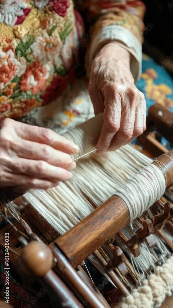 Poster an elderly woman skillfully working on a knitting project, creating intricate patterns with yarn.