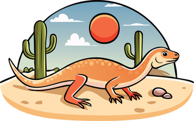 A cartoon lizard walks across a desert landscape with cacti, rocks, sun, and blue sky.