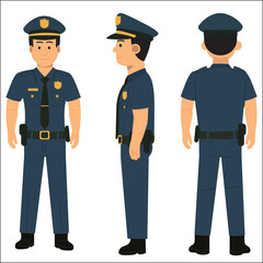Male Police Officer Vector in Front, Side, and Back View