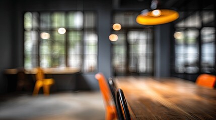 Modern Blurred Abstract Office Workspace Interior With Desk And Chair Design Elements Focused