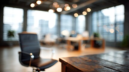 Modern Office Workspace Interior Design With Blurred Background And Focused Desk And Chair
