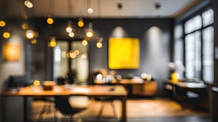 Modern Blurred Office Workspace Interior Design Featuring Abstract Lighting And Minimalist Furniture