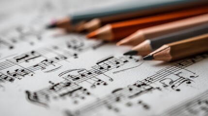 Close-up view of colorful pencils resting on sheet music with notes and a soft focus