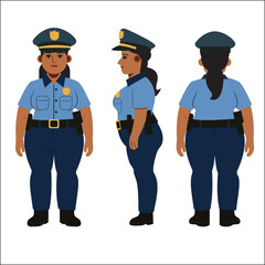 Healthy Female Police Officer Vector in Front, Side, and Back View