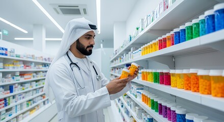 A pharmacist in traditional Middle Eastern attire carefully examines medication in a modern pharmacy, ensuring accurate dispensing and patient care.