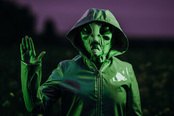 Spooky alien waving hello, hi, salute in field under green neon light. Scary mask, vinyl smooth...