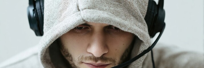 Individual in Hoodie With Headphones Focused on Tech Support Call, Showcasing Fraud Awareness in a Call Center Environment