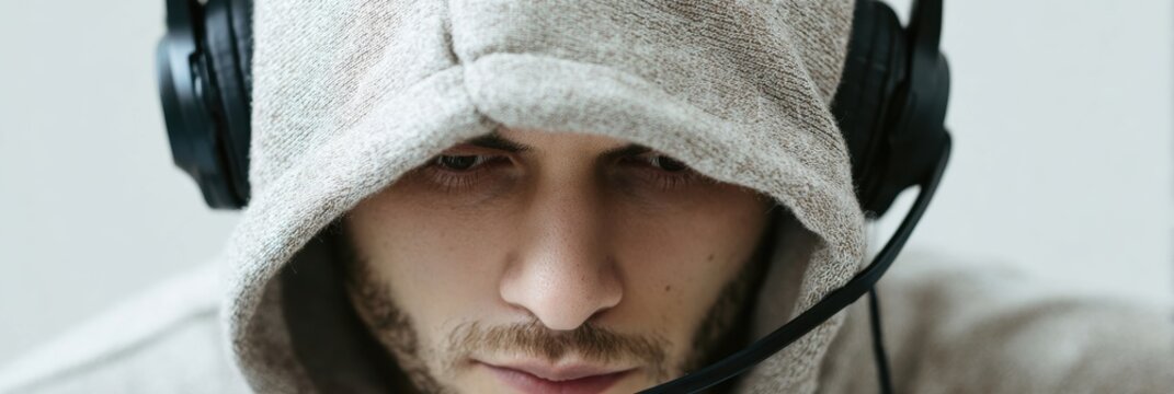 Individual in Hoodie With Headphones Focused on Tech Support Call, Showcasing Fraud Awareness in a Call Center Environment