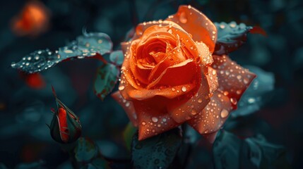 A vibrant orange rose, glistening with raindrops, is the focal point against a dark, moody backdrop of foliage and an unopened bud