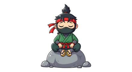 Chibi ninja relaxing on a rock, white background, kids comic style