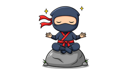 Chibi ninja with red scarf meditating on a rock, white background, kids comic style