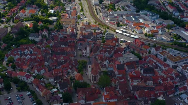 Aerial panorama view of the old town city Mosbach on a sunny summer day
