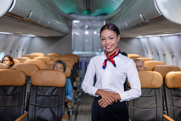African flight attendant posing with smile face at middle of the aisle inside aircraft for welcoming passenger on board with seat on background usage