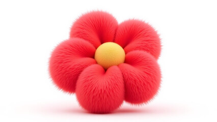Fluffy red flower with a yellow center on a white background, close-up