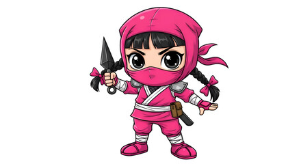 Cute chibi ninja girl in pink suit holding a kunai, white background, kids comic style
