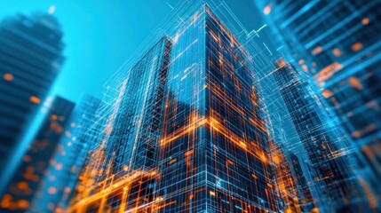 futuristic cityscape rendering showcasing interconnectivity through glowing lines and digital architecture highlighting advanced urban planning and network infrastructure for smart cities