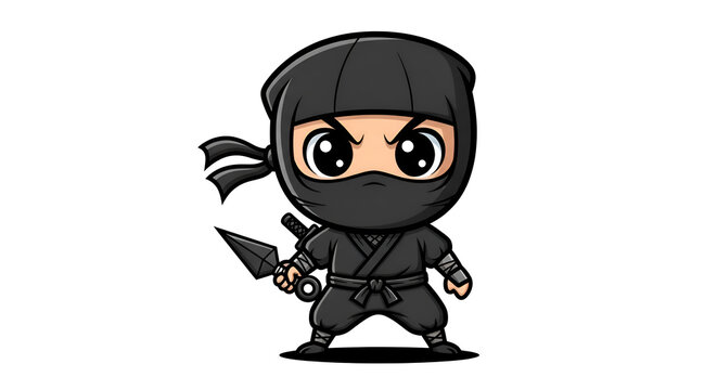 Chibi ninja in black suit holding a kunai, white background, kids comic style