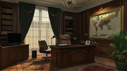 Luxurious, dark wood office interior with a world map.