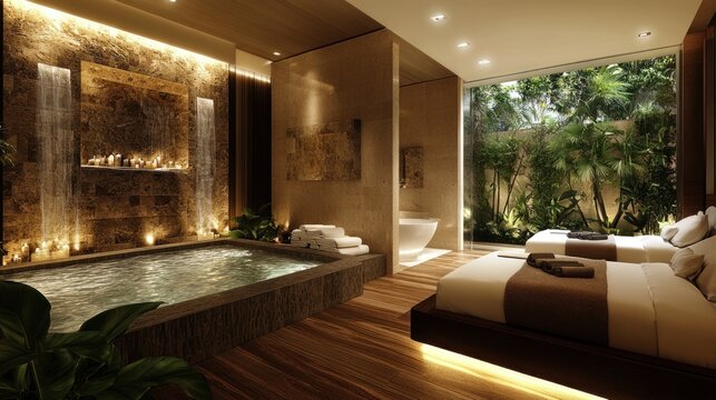 an upscale zen-inspired spa sanctuary featuring a serene bathing pool with a cascading waterfall wall alongside inviting daybeds overlooking lush green