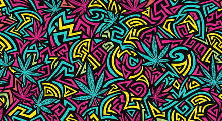 Vivid abstract pattern featuring cannabis leaves intertwined with geometric shapes in bright pink, yellow, and blue.