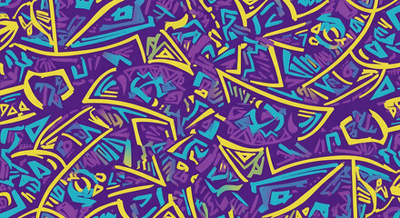 Abstract geometric pattern featuring vibrant colors and intricate shapes, creating a dynamic design.