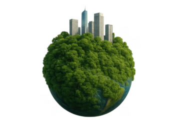 Green planet earth with growing trees and skyscrapers promoting sustainable development