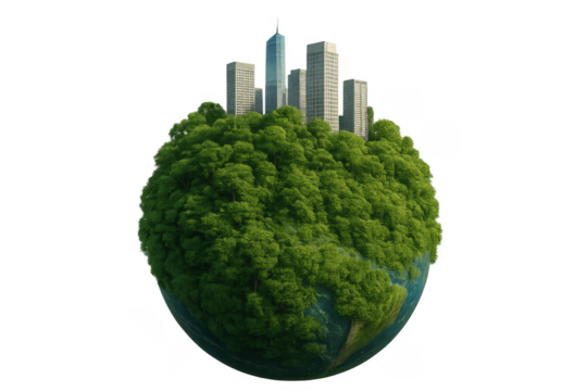 Green planet earth with growing trees and skyscrapers promoting sustainable development