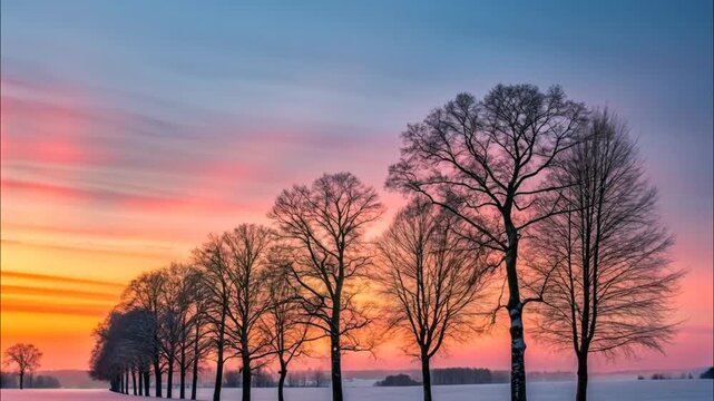 Row Of Bare Winter Trees Silhouetted Against Vibrant Colorful Sunset Sky Creating Peaceful Scenic Natural Seasonal Landscape View

