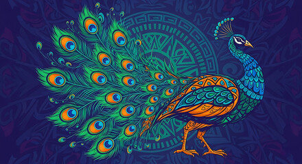 Obraz premium A detailed illustration of a peacock with intricate patterns and vibrant colors, set against a patterned background.