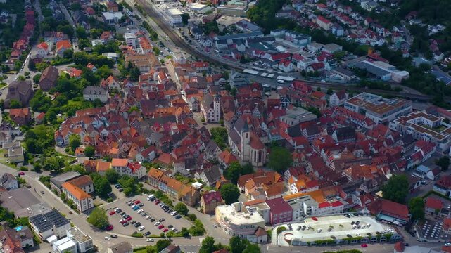 Aerial panorama view of the old town city Mosbach on a sunny summer day