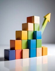 Colorful wooden blocks in a growing staircase