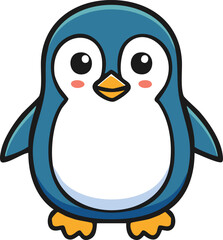 Cartoon illustration of a cute, blue and white penguin with a yellow beak and feet, standing upright.