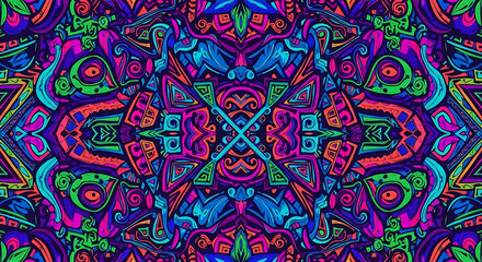 Vibrant, symmetrical pattern with abstract shapes and bold colors.