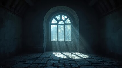 Fototapeta premium Arched window with sunlight streaming into a dark stone room illuminating dust particles and