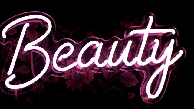 Wide shot of a gently floating pink neon sign with the word Beauty in cursive script against a dark floral background