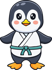 A cartoon penguin wearing a karate gi with a green belt, standing upright.