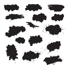 Collection of black ink splatter shapes silhouette isolated on white background